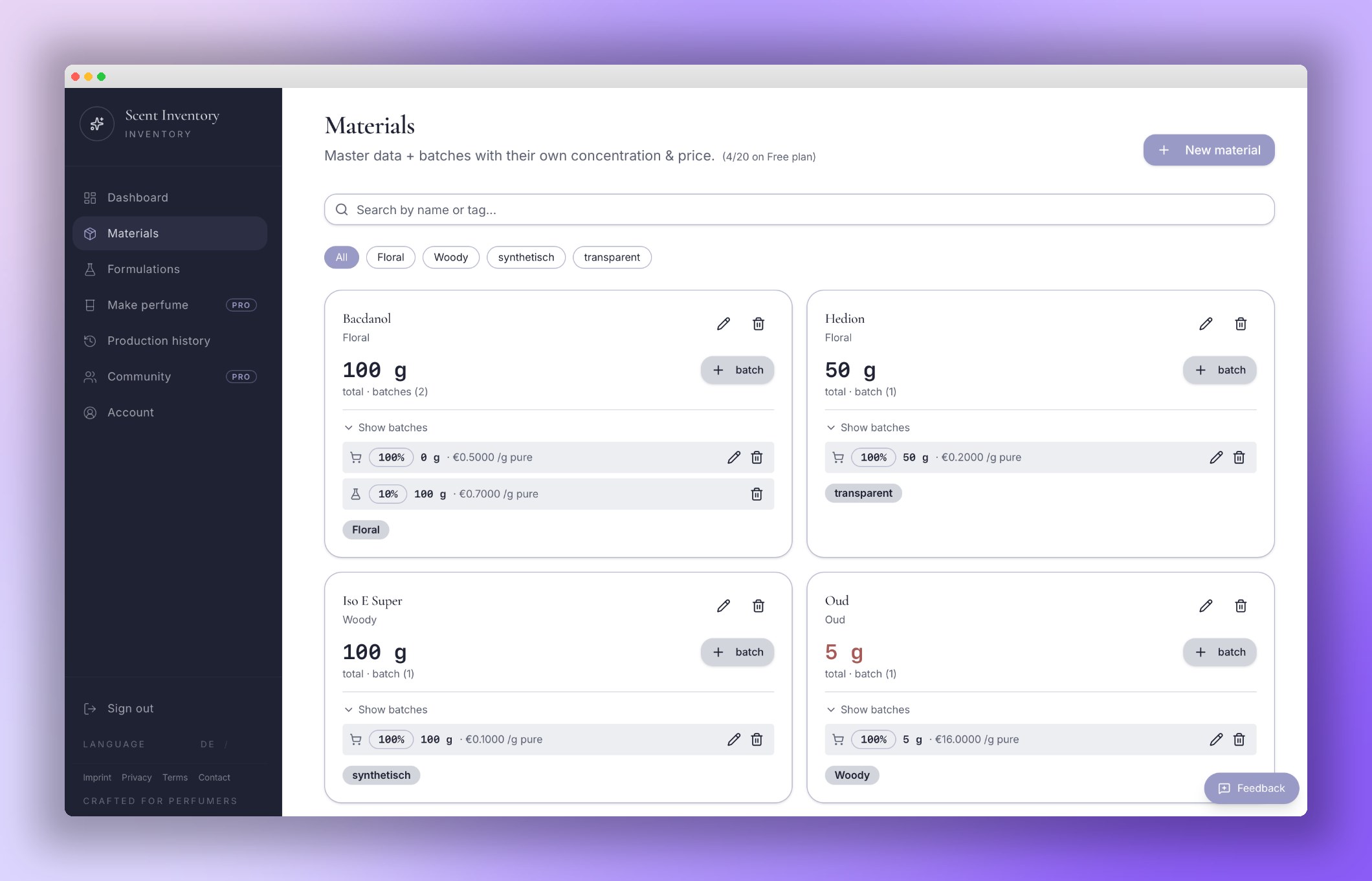 Scent Inventory dashboard materials, dilutions and formulas in one workspace
